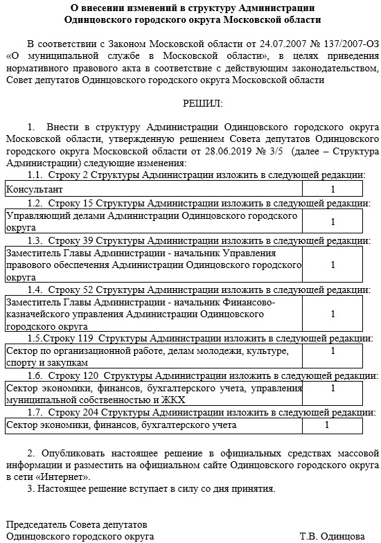 Решение совета депутатов одинцовского городского округа. Структура администрации Одинцовского городского округа.