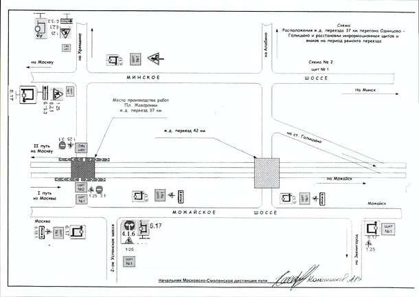 Схема расположения железнодорожною переезда 37 км перегона Одинцово - Голицыно и расстановки информационных щитов и знаков на период ремонта переезда