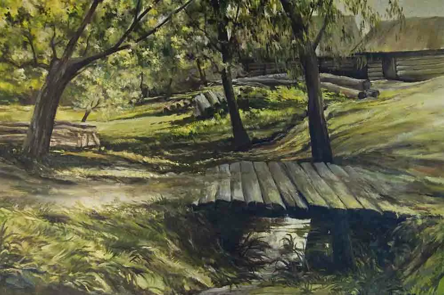 Деревянный мост через реку Сторожку, картина, Февраль