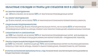 Областные субсилии и гранты для субъектов МСП в 2022 году