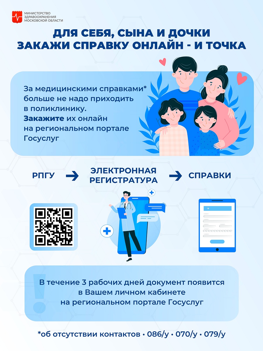 Жители Московской области могут получить онлайн 4 вида медицинских справок на региональном портале госуслуг, Сентябрь