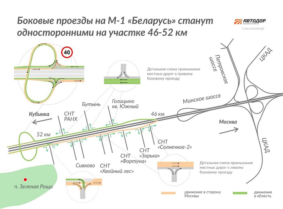 Движение на двух участках дублёров автодороги М-1 «Беларусь» до 10 октября станет полностью односторонним, Октябрь