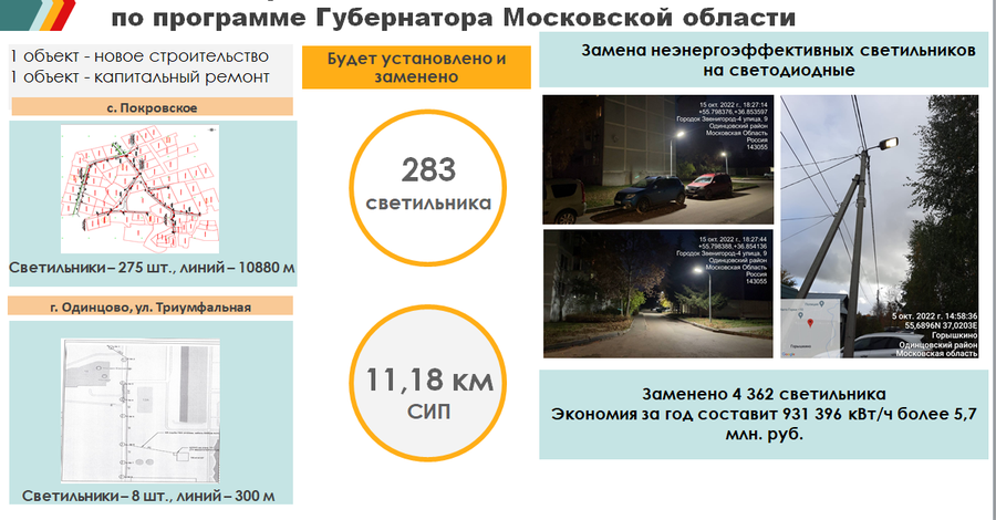 Снимок3, В Одинцовском округе в рамках губернаторского проекта «Светлый город» в 2022 году реализовано 2 объекта наружного освещения