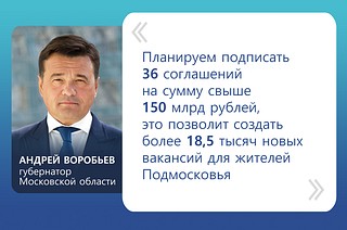 «Планируем подписать 36 соглашений на сумму свыше 150 млрд рублей, это позволит создать еще более 18,5 тысяч новых вакансий для жителей Подмосковья», — рассказал губернатор Московской области Андрей Воробьев