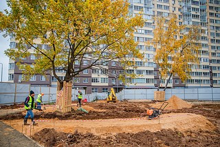 Глава Одинцовского округа осмотрел территорию в ЖК «Одинбург», где раньше располагался снесенный «синий домик». Сейчас на его месте благоустраивают сквер — рабочие выполняют планировку будущих дорожек, а также готовят основание для детской песочницы, игровой и спортивной площадок