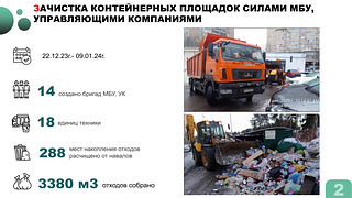 В период с 22 декабря 2023 года по 9 января 2024 года силами МБУ и управляющих компаний были очищены от навалов 288 мест накопления отходов. Как доложил заместитель главы Одинцовского округа Михаил Коротаев, было собрано 3380 кубометров отходов